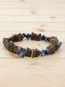 1Pc Rough Wood Chip Natural Stone Beaded Bracelet Vintage Elastic Stretch Wristband Men Bohemian Daily Wear Jewelry Gift - Irregular Beaded Bracelet - View 14