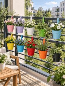 1/5/10pcs Colorful Hanging Iron Flower Pots, Railing Hook Planters, Iron Hanging Planting Pots, Suitable For Balcony Garden Yard Fence Hedge Decoration, Outdoor Home Gardening Landscape Decor, Garden Backdrop Photography Props - A - View 2