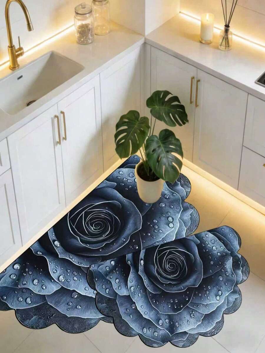 1pc Half-Bloom Dark Blue Rose Asymmetrical Shaped Bath Mat, Bathroom Rug, Doormat, Carpet, Area Rug, Personalized Carpet