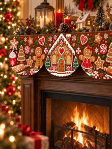 1pc Christmas Fireplace Scarf, Gingerbread House Gingerbread Man Candy Snowflake Holiday Print, Wavy Edge Fireplace Mantel Decor Cloth, Red Brown Christmas Dessert House Theme, Suitable For Living Room Fireplace Mantel, Christmas Party And Winter Home Decor - Multicolor - View 9