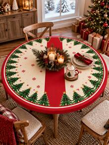 1PC Red Cream Christmas Tree Snowflake Stretch Tablecloth, Festive Holiday Style Polyester Spandex Round & Square Fitted Edge Table Cover, Elastic Snug Fit Protector For Christmas Dinner Party Kitchen Dining Room Winter Decor - Multicolor - View 3