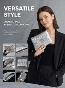 Tas Kosmetik Dior Silver Quilted Diamond Pattern, Finishing Mengkilap Metalik, Kantong Penyimpanan dengan Resleting Logo CD, Tas Clutch Perawatan Kulit Portabel Kapasitas Besar, Hadiah Mewah - Perak - View 6