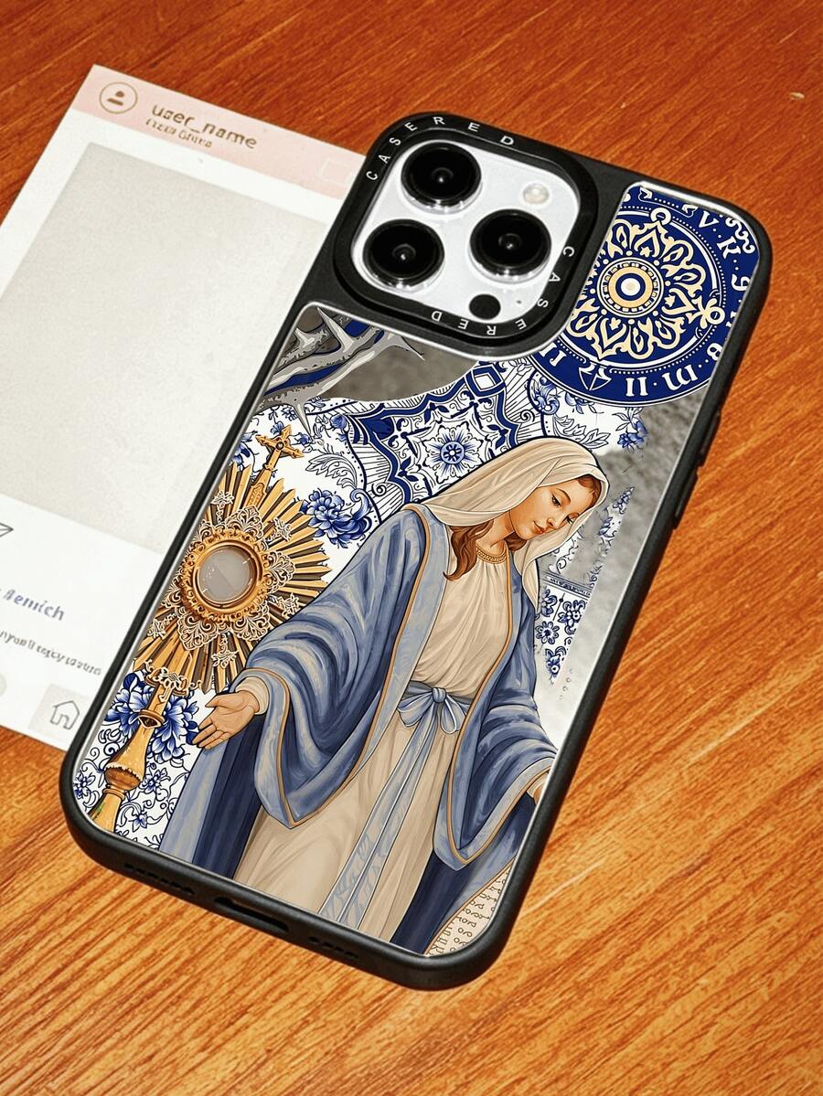 Vintage Art Mirror Phone Case Blue Porcelain Pattern Virgin Mary Portrait Print Protective Shell Lens Anti-Drop Multi-Model Compatible Mirror Protective Phone Case, Suitable For IPhone 13/11/17/17 Pro/16/14/15/15 Pro/15 Plus/15 Pro Max/X/Xs Max/Xr/11 Pro/12 Pro/13 Pro/14 Pro/11 Pro Max/12 Pro Max/13 Pro Max/14 Pro Max/14 Plus/17 Pro Max/17 Air, Spring Gift, Can Be Used As Makeup Mirror, Valentine's Day Gift For Girlfriend 18/18promax Christmas Gift - Multicolor - View 1