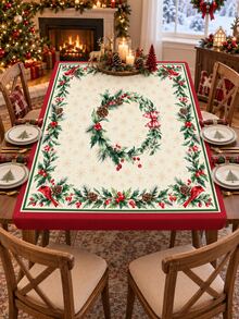 1pc Holly Cardinal Christmas Stretch Tablecloth, Cream Red Holiday Milk Silk Round & Square Fitted Table Cover With Berry Pinecone Wreath Border, Soft Elastic Protective Dining Table Decor For Xmas Dinner, Party & Winter Home - Multicolor - View 4