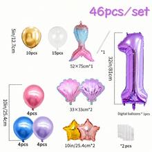 46件組美人魚主題生日氣球套裝，魚尾與貝殼造型 40英吋紫色 0-9數字鋁箔氣球，主題派對場景裝飾 - 彩色 - 查看 4