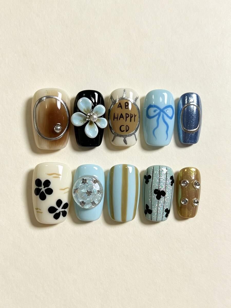 10Pcs Handmade Press On Nails,Short Square Fake Nails,Autumn Winter 3D Flower Bow Stripe Letter Print Rhinestone Pearl False Nails,Blue Brown Coffee Wearable Nail Art For Women Daily - Multicolor - View 1