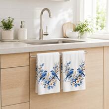 2pcs/Pack White Blue Bird & Floral Pattern Towels, Fresh Nordic Country Style Soft Absorbent Fabric Rectangular Kitchen Hand Towels, Blue Bird, Blue Flower, White Petal & Leaf Print Details, Elegant Natural Plant Theme Design, Suitable For Spring Kitchen, Dining Room, Country Home And Daily Decor. - Multicolor - View 2