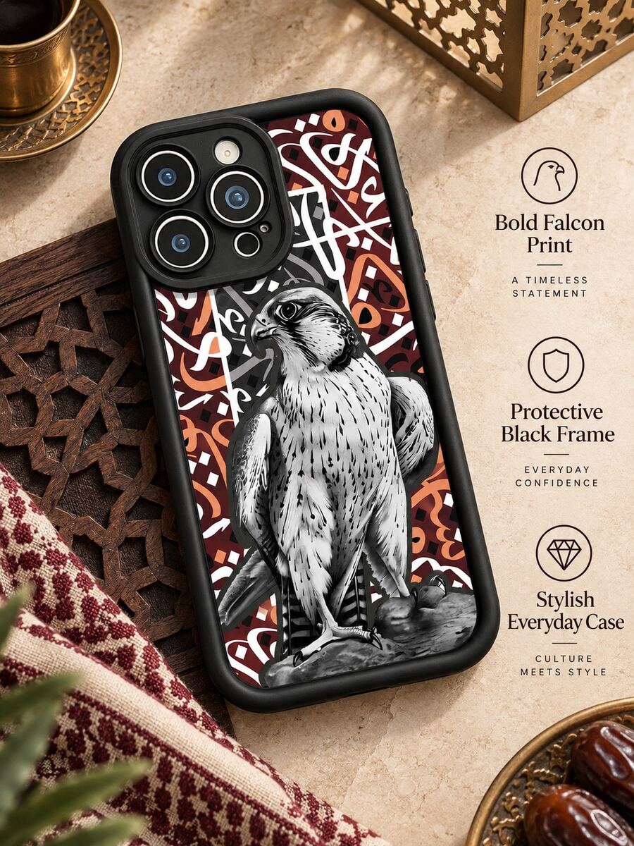 1pc Arabic Calligraphy Falcon Phone Case, Black & White Hand-Drawn Eagle Pattern With Red-Brown Geometric Design, Black Frame Full Coverage Shockproof Soft Protective Cover Compatible With IPhone 18 17 16 15 14 13 12 11/Pro/ProMax/X/XR/XS/XSMAX/7/8/PLUS And /Honor - Black - View 1