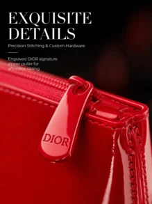 DIOR Red Glossy Patent Leather Makeup Bag, Embossed 3D CD Logo Clutch, Glossy PU Patent Leather Material, Storage For Makeup And Skincare Samples, Festive Atmosphere Small Bag - Red Patent Leather Bag - View 8