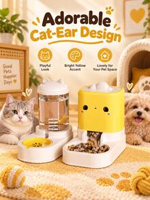 2-In-1 Automatic Pet Feeder And Water Dispenser Set, Independent Combination Design, Gravity-Fed Cat Food Feeder, Large Capacity Dog Food Water Station, Cute Cartoon Design Suitable For Kittens, Puppies And Small Pets - Large Capacity - View 8