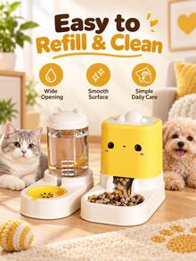 2-In-1 Automatic Pet Feeder And Water Dispenser Set, Independent Combination Design, Gravity-Fed Cat Food Feeder, Large Capacity Dog Food Water Station, Cute Cartoon Design Suitable For Kittens, Puppies And Small Pets - Large Capacity - View 9