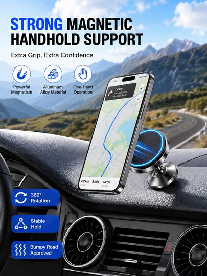 1pc Iron Alloy Magnetic Car Handheld Support Bracket, Strong Magnetic Side Handheld Support, Car Steering Wheel Fixed Handheld Support, Car Interior Accessory, Road Trip Essential, Summer Travel Gear, Father's Day Gift, Memorial Day