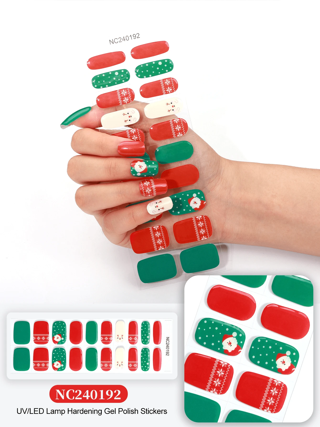 Christmas Semi Cured Gel Nail Strips, 20Pcs Long Lasting Salon Quality Wraps, Easy Apply & Remove Gel Nail Stickers With UV Light