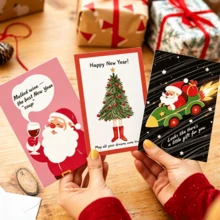 10Pcs Christmas & Happy New Year Greeting Cards With Red Envelopes, Assorted Cute Cartoon Xmas Folded Note Cards, Holiday Handwritten Blessing Cards For Family Friends Gift - Multicolor - View 3