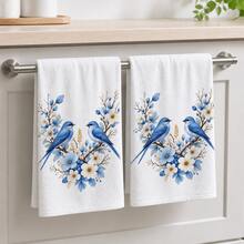 2pcs/Pack White Blue Bird & Floral Pattern Towels, Fresh Nordic Country Style Soft Absorbent Fabric Rectangular Kitchen Hand Towels, Blue Bird, Blue Flower, White Petal & Leaf Print Details, Elegant Natural Plant Theme Design, Suitable For Spring Kitchen, Dining Room, Country Home And Daily Decor. - Multicolor - View 4