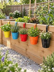 1/5/10pcs Colorful Hanging Iron Flower Pots, Railing Hook Planters, Iron Hanging Planting Pots, Suitable For Balcony Garden Yard Fence Hedge Decoration, Outdoor Home Gardening Landscape Decor, Garden Backdrop Photography Props - A - View 8