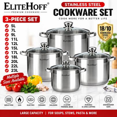 طقم قدور طهي كبيرة من الفولاذ المقاوم للصدأ من EliteHoff مع أغطية زجاجية، 6/8 قطع، قدور عميقة، متوافقة مع الحث والغاز والكهرباء، مقاسات متعددة