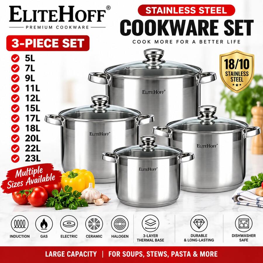 طقم قدور طهي كبيرة من الفولاذ المقاوم للصدأ من EliteHoff مع أغطية زجاجية، 6/8 قطع، قدور عميقة، متوافقة مع الحث والغاز والكهرباء، مقاسات متعددة - مشاهدة 1