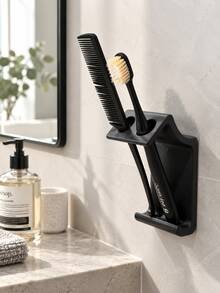 1Pc Wall-Mounted Toothbrush Holder With Storage Rack, Multifunctional Bathroom Organizer Easy Install Space Saving Shelf For Toothbrush Comb Makeup Brush, Bathroom Storage For Home Dorm, Wedding Graduation Gift, Bathroom Accessory Home Decor - Multicolor - View 3