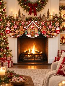 1pc Christmas Fireplace Scarf, Gingerbread House Gingerbread Man Candy Snowflake Holiday Print, Wavy Edge Fireplace Mantel Decor Cloth, Red Brown Christmas Dessert House Theme, Suitable For Living Room Fireplace Mantel, Christmas Party And Winter Home Decor - Multicolor - View 6