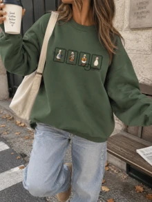 女款橄欖綠鴨子圖案寬鬆衛衣，圓領長袖休閒套頭衫，可愛秋季女裝 - 綠色 - 查看 1
