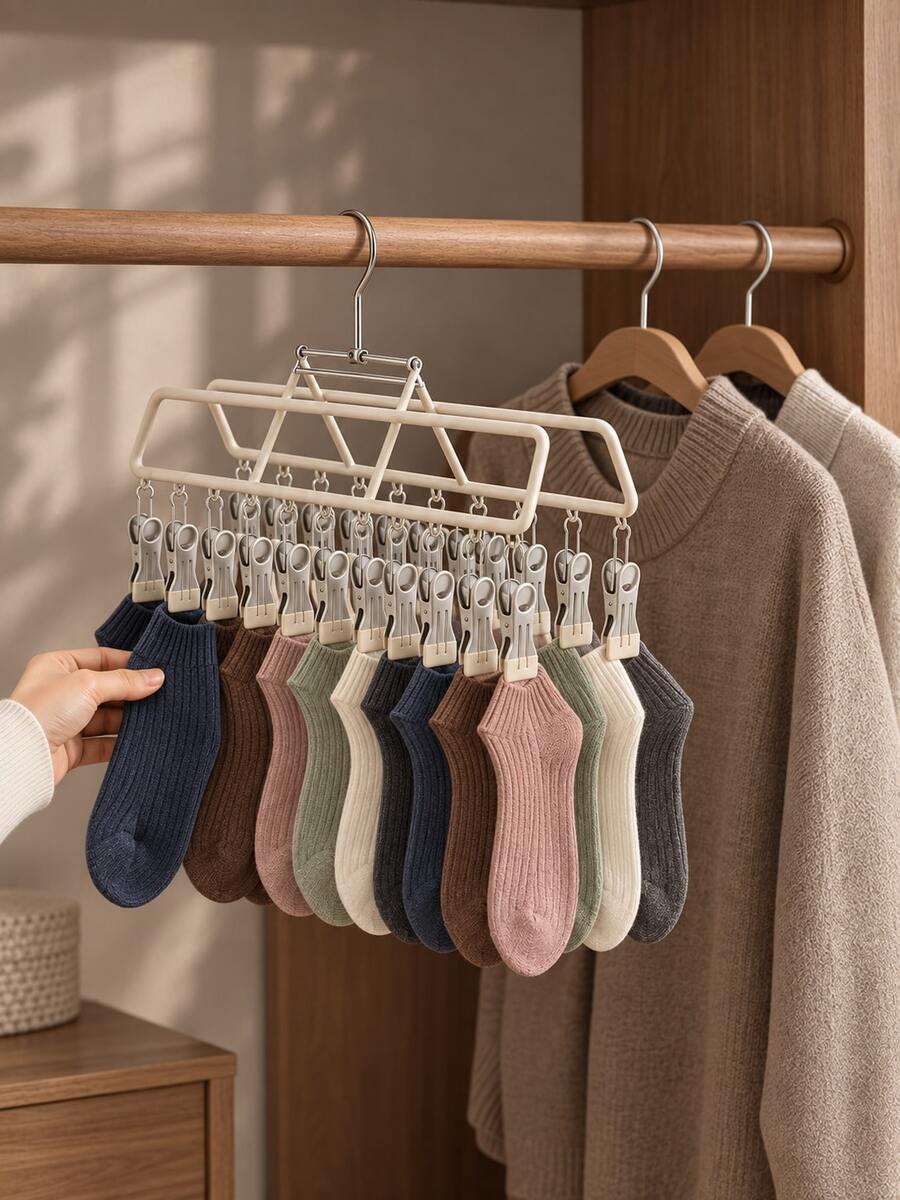 1pc Multi-Functional Adjustable Clothes Hanger With Underwear Clips, Balcony Drying Rack For Clothes, Pants, Skirts, Socks, Hats, Scarves And Belts, Multi-Purpose Storage Hanger, Essential For Wardrobe And Closet Storage In Autumn And Winter - Multicolor - View 1