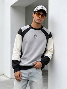 Men's Multi-Color Contrast Crew Neck Sweatshirt, Minimalist Geometric Line Graphic Print On Chest, Loose Fit Long Sleeve Pullover, Streetwear Casual Top, Bloke Core Style - Multicolor - View 6