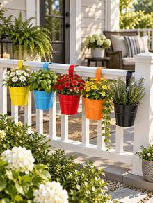 1/5/10pcs Colorful Hanging Iron Flower Pots, Railing Hook Planters, Iron Hanging Planting Pots, Suitable For Balcony Garden Yard Fence Hedge Decoration, Outdoor Home Gardening Landscape Decor, Garden Backdrop Photography Props - A - View 9