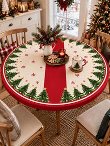 1PC Red Cream Christmas Tree Snowflake Stretch Tablecloth, Festive Holiday Style Polyester Spandex Round & Square Fitted Edge Table Cover, Elastic Snug Fit Protector For Christmas Dinner Party Kitchen Dining Room Winter Decor - Multicolor - View 2
