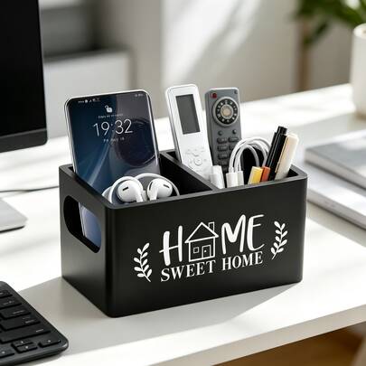 Remote Control Organizer Box, Multi Compartment Desktop Storage Box For TV Remotes Phones Glasses, Side Opening Holder For Coffee Table, 16cm