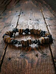 1Pc Rough Wood Chip Natural Stone Beaded Bracelet Vintage Elastic Stretch Wristband Men Bohemian Daily Wear Jewelry Gift - Irregular Beaded Bracelet - View 8