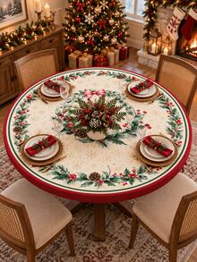 1pc Holly Cardinal Christmas Stretch Tablecloth, Cream Red Holiday Milk Silk Round & Square Fitted Table Cover With Berry Pinecone Wreath Border, Soft Elastic Protective Dining Table Decor For Xmas Dinner, Party & Winter Home - Multicolor - View 10