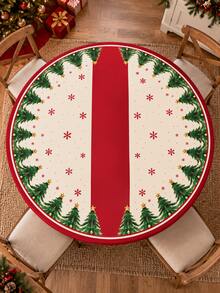 1PC Red Cream Christmas Tree Snowflake Stretch Tablecloth, Festive Holiday Style Polyester Spandex Round & Square Fitted Edge Table Cover, Elastic Snug Fit Protector For Christmas Dinner Party Kitchen Dining Room Winter Decor - Multicolor - View 4