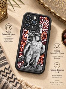 1pc Arabic Calligraphy Falcon Phone Case, Black & White Hand-Drawn Eagle Pattern With Red-Brown Geometric Design, Black Frame Full Coverage Shockproof Soft Protective Cover Compatible With IPhone 18 17 16 15 14 13 12 11/Pro/ProMax/X/XR/XS/XSMAX/7/8/PLUS And /Honor - Black - View 6