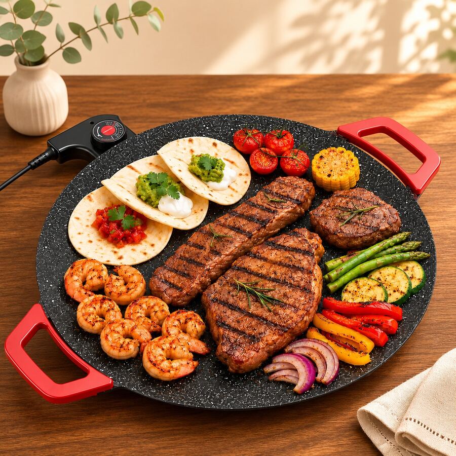 Round Non-Stick Electric Griddle With Adjustable Thermostat For Cooking And Grilling - US A Type Plug(110-127V) - View 1