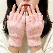 1 Pair Women's Fingerless Knitted Plush Gloves, Suitable For Winter, Essential For Travel Warmth - One Size - View 1