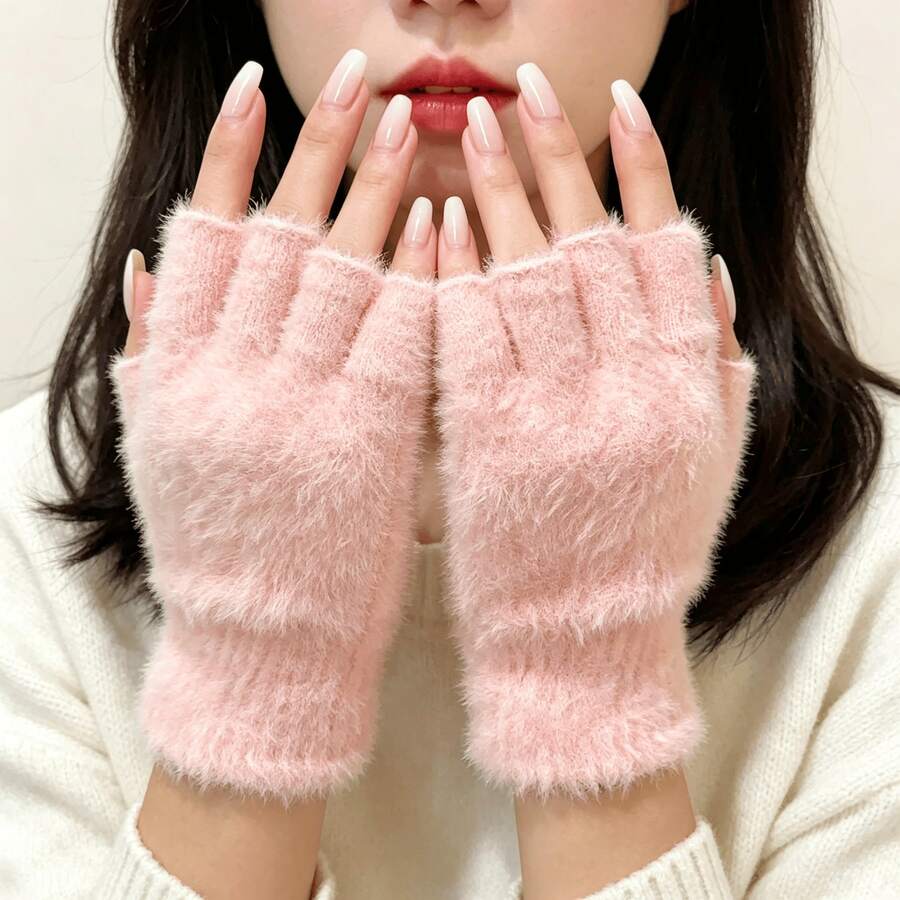 1 Pair Women's Fingerless Knitted Plush Gloves, Suitable For Winter, Essential For Travel Warmth - One Size - View 1