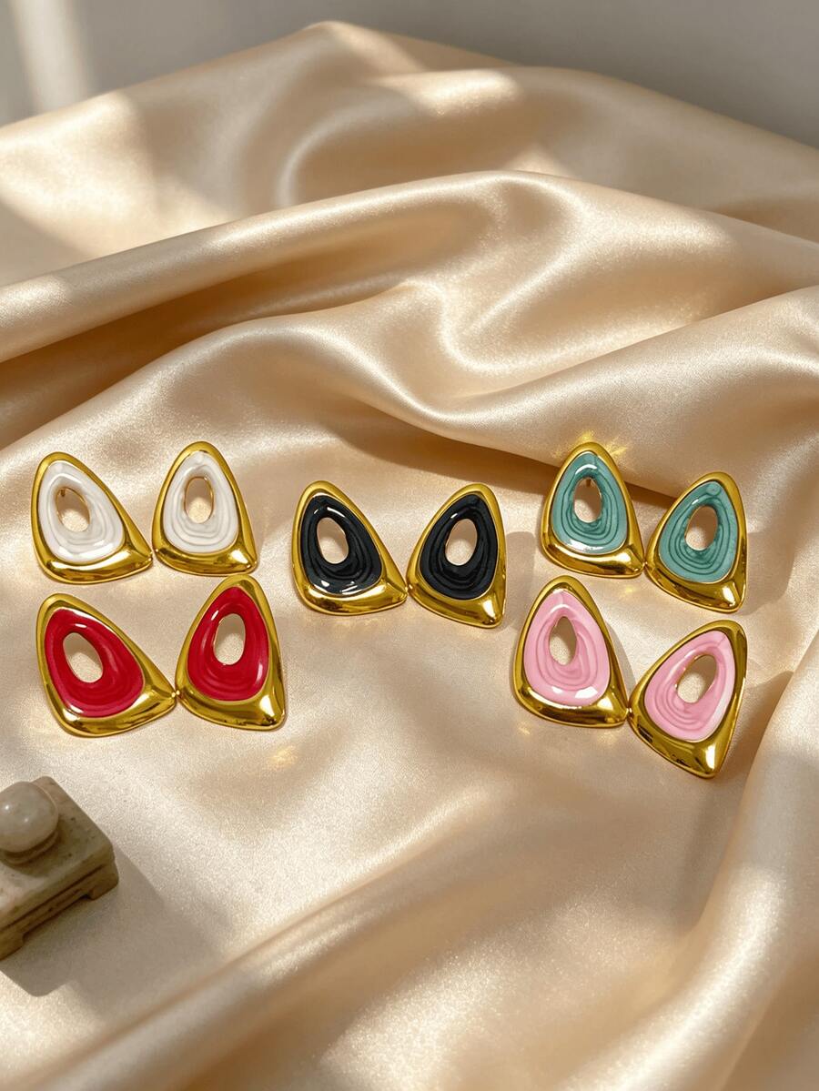 Asymmetrical Hollow Triangle Enamel Stud Earrings, Stainless Steel Textured Geometric Exaggerated Women's Ear Jewelry, Hypoallergenic Fade-Resistant, Fashionable Versatile, Suitable For Various Occasions - Multicolor - View 1