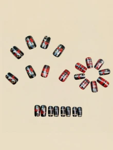 24 Pieces Red And Black Checkered Gold-Studded Christmas Holiday Acrylic Nails, Medium-Long Rectangular Style - Black - View 3