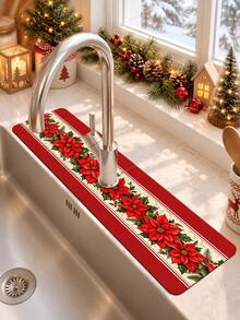 1pc Christmas Sink Faucet Water Absorbent Mat, Christmas Floral Decorative Pattern, Drainage Mat, Suitable For Kitchen, Bathroom Sink, Countertop, Drainage Mat, Diatomaceous Earth Material, Trimmable, Quick-Drying Mat - Multicolor - View 1
