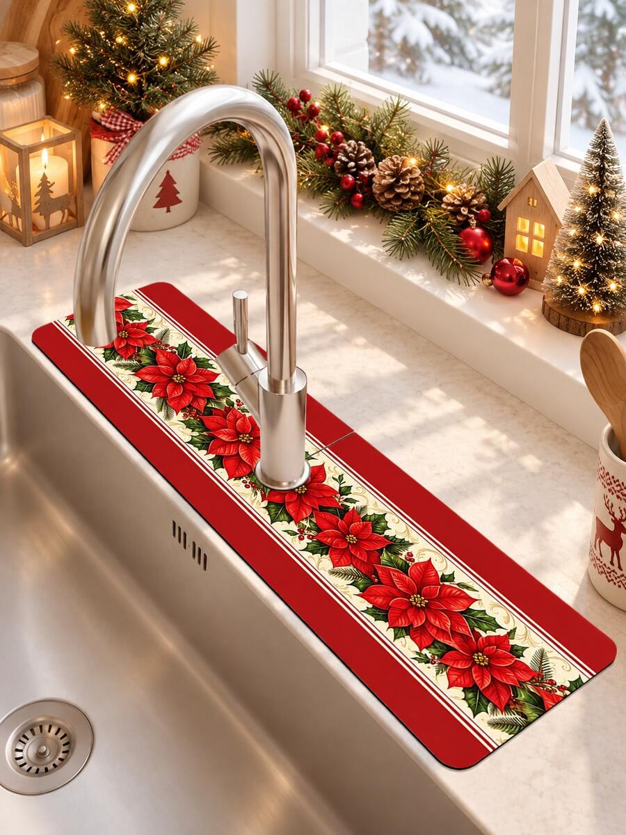 1pc Christmas Sink Faucet Water Absorbent Mat, Christmas Floral Decorative Pattern, Drainage Mat, Suitable For Kitchen, Bathroom Sink, Countertop, Drainage Mat, Diatomaceous Earth Material, Trimmable, Quick-Drying Mat - Multicolor - View 1