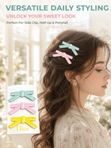 DIOR Macaron Bright Color Bow Hair Clip 3pcs Set, Glossy Texture Side Alligator Hair Clip, Sweet French Girl Style Bangs Clip, Versatile Candy Color Hair Decoration Hairpin - 3-piece Bow Hair Clip Set - View 2
