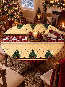 1 buah Taplak Meja Elastis Motif Pohon Natal dan Rusa, Taplak Meja Bundar & Persegi Motif Kotak-kotak Merah Krem dari Sutra Susu dengan Garis Tengah Motif Kepingan Salju, Dekorasi Meja Makan Pelindung Elastis Lembut untuk Makan Malam Natal, Pesta & Rumah Musim Dingin - MultiWarna - View 2