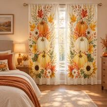 2pcs Autumn Harvest Pumpkin Maple Leaf Sunflower Pattern Printed Semi-Sheer Curtains, 90GSM Polyester Fiber Semi-Sheer Privacy Protection, Easy Installation, Quick Dry, Washable And Fade-Resistant, Lightweight Removable Curtains, Suitable For Home, Room, Kitchen And Other Partitions Or Decoration - Multicolor - View 10