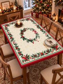 1pc Holly Cardinal Christmas Stretch Tablecloth, Cream Red Holiday Milk Silk Round & Square Fitted Table Cover With Berry Pinecone Wreath Border, Soft Elastic Protective Dining Table Decor For Xmas Dinner, Party & Winter Home - Multicolor - View 16
