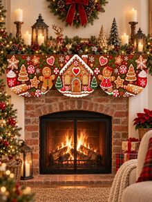 1pc Christmas Fireplace Scarf, Gingerbread House Gingerbread Man Candy Snowflake Holiday Print, Wavy Edge Fireplace Mantel Decor Cloth, Red Brown Christmas Dessert House Theme, Suitable For Living Room Fireplace Mantel, Christmas Party And Winter Home Decor - Multicolor - View 3