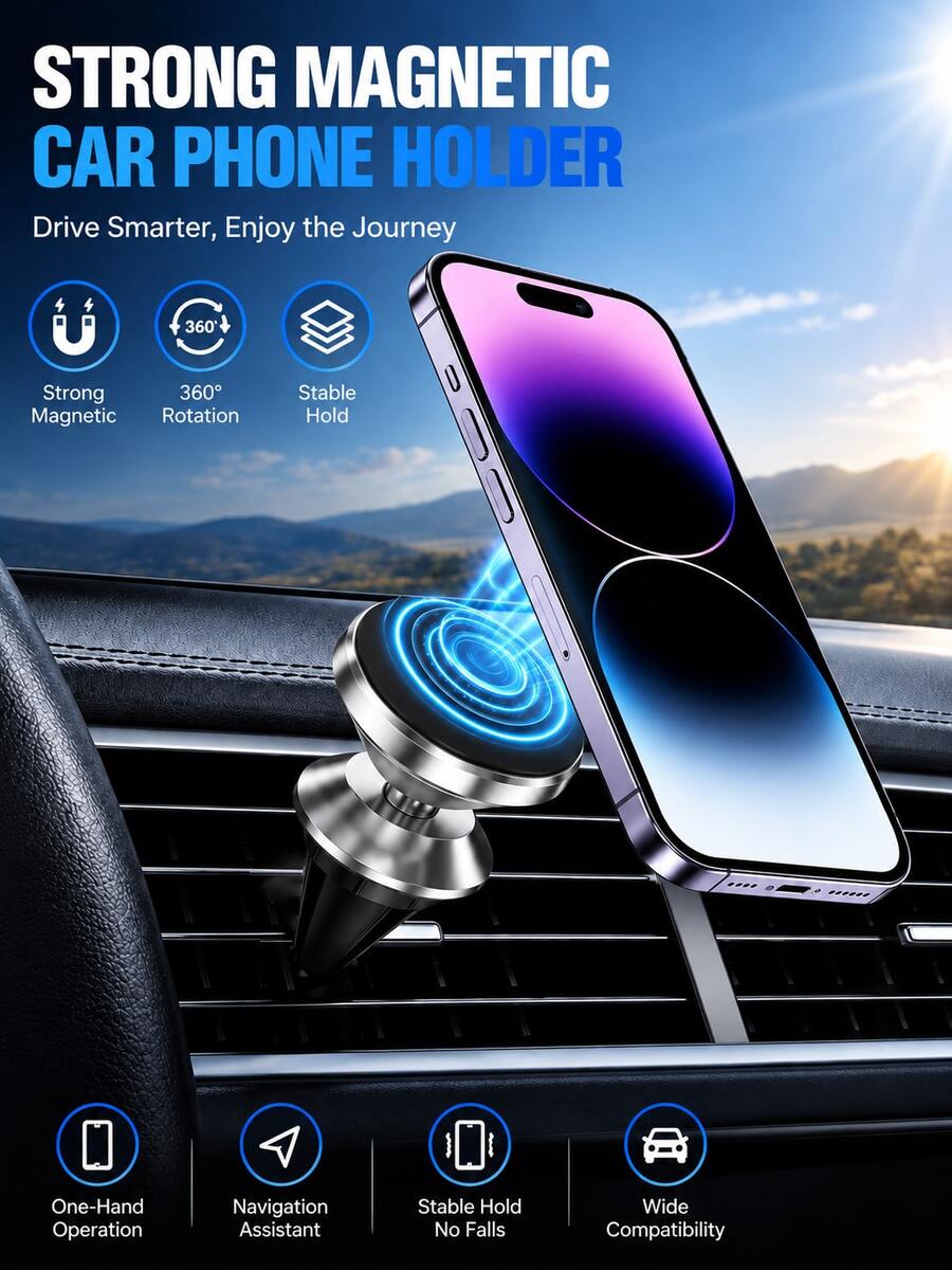 Magnetic Car Phone Mount, Air Vent Clip Design, Easy Installation, Automatic Magnetic Alignment, Hands-Free Use, No Need To Look Down For Navigation, Suitable For Road Trips - Card Holder Style - View 1