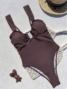 1 pieza Traje de baño de una sola pieza para mujer con forro, diseño de tirantes anchos minimalista y elegante, tonos de color retro que irradian un encanto maduro para vacaciones, playa y verano - Café integral - Ver 4
