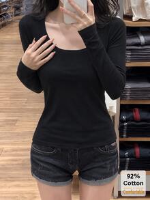 女款純棉長袖T恤，黑色大U領上衣，百搭秋冬修身純色內搭底層 - 黑色 - 查看 1