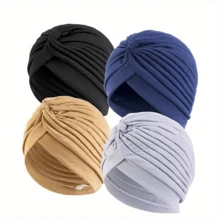 ZTZI 4Pcs Knotted Turban Headwrap For Women, Soft Stretchy Pleated Beanie Cap, Hair Loss Hat For Chemo, Muslim Hijab Solid Color Bohemian Polyester Bonnet For Daily Wear All Seasons - KK 4-piece Turban Cap Set - View 4